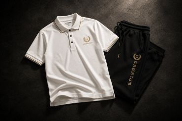 A white polo shirt and black sweatpants set with golden embroidery.