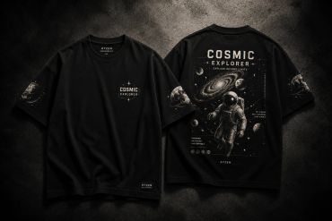 Black T-shirt with cosmic explorer and astronaut space design on front, back, and sleeves.