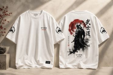 White oversized T-shirt featuring a samurai design and Japanese calligraphy.