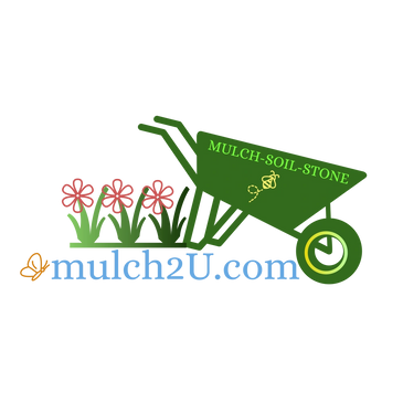 This green wheelbarrow is parked in front of three red flowers with mulch2u.com logo. There is a bee