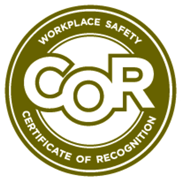 Workplace safety Certificate of Recognition logo in olive green and white.