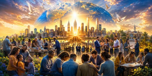 People from diverse backgrounds connect in a vibrant cityscape under a glowing earth.