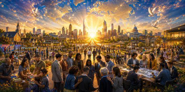 A diverse group gathers at sunset in a vibrant city park with doves flying overhead.