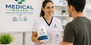 Pharmacist explaining protein supplements to a customer in a medical store.