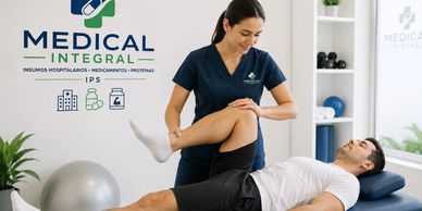 Physiotherapist assisting a patient with leg exercises in a clinic.