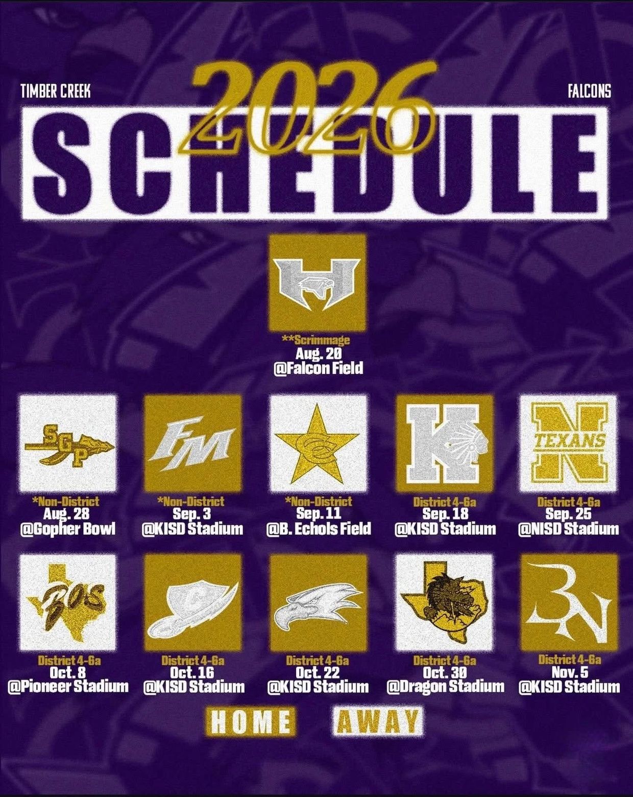 Timber Creek Falcons 2026 football schedule with dates and locations.