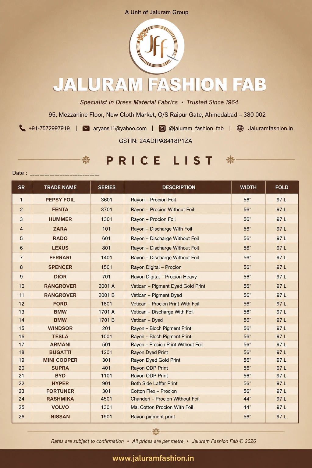 Price list of Jaluram Fashion Fab showcasing various fabric trade names and descriptions.