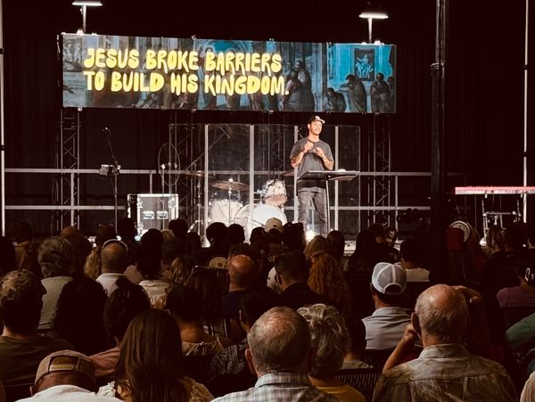Rental style led video display screen mounted to truss. Portable church weekly setup and tear down