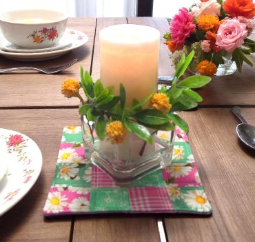 Pretty pink and green floral shabby chic mug rug that can also be a candle mat and so much more