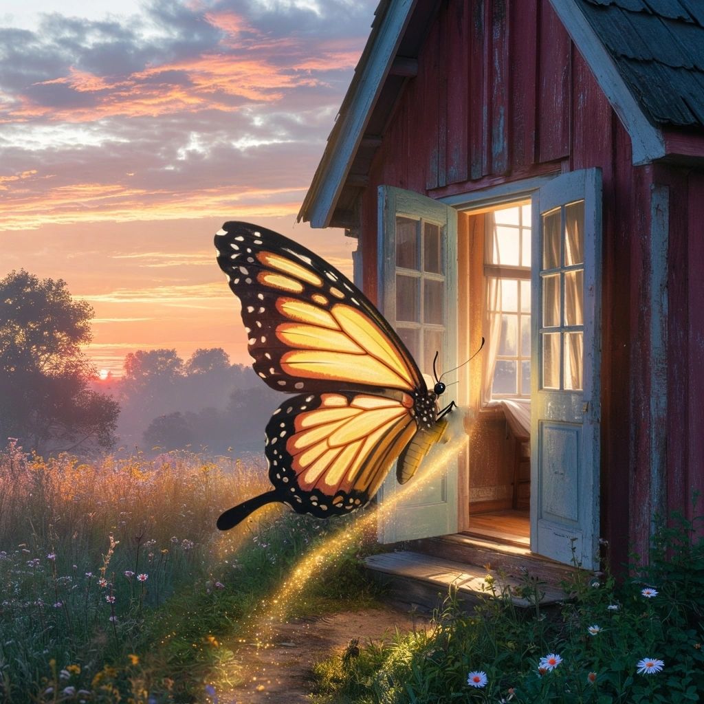 A giant glowing butterfly enters a cozy cabin at sunset.