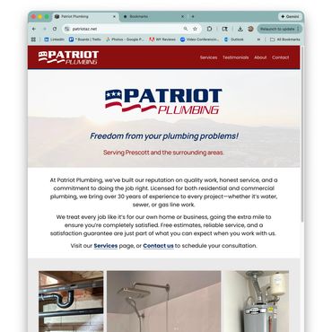 Web page image for Patriot Plumbing with logo, type, and images.