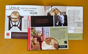 Cover and inside spread of a globe brochure.