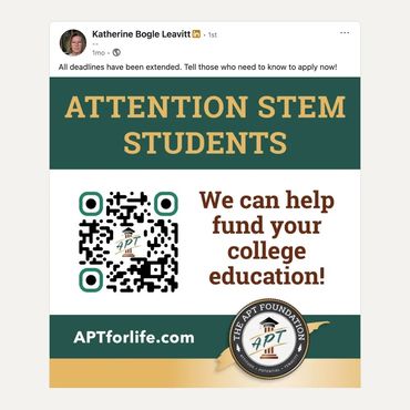 A social media graphic with type, a logo, and QR code for APTforlife.com.