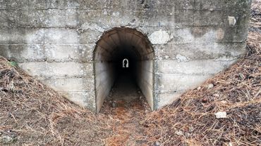 A person hiking at the end of a tunnel.