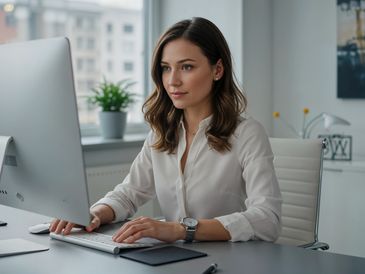A woman Wearing white top and working on the computer