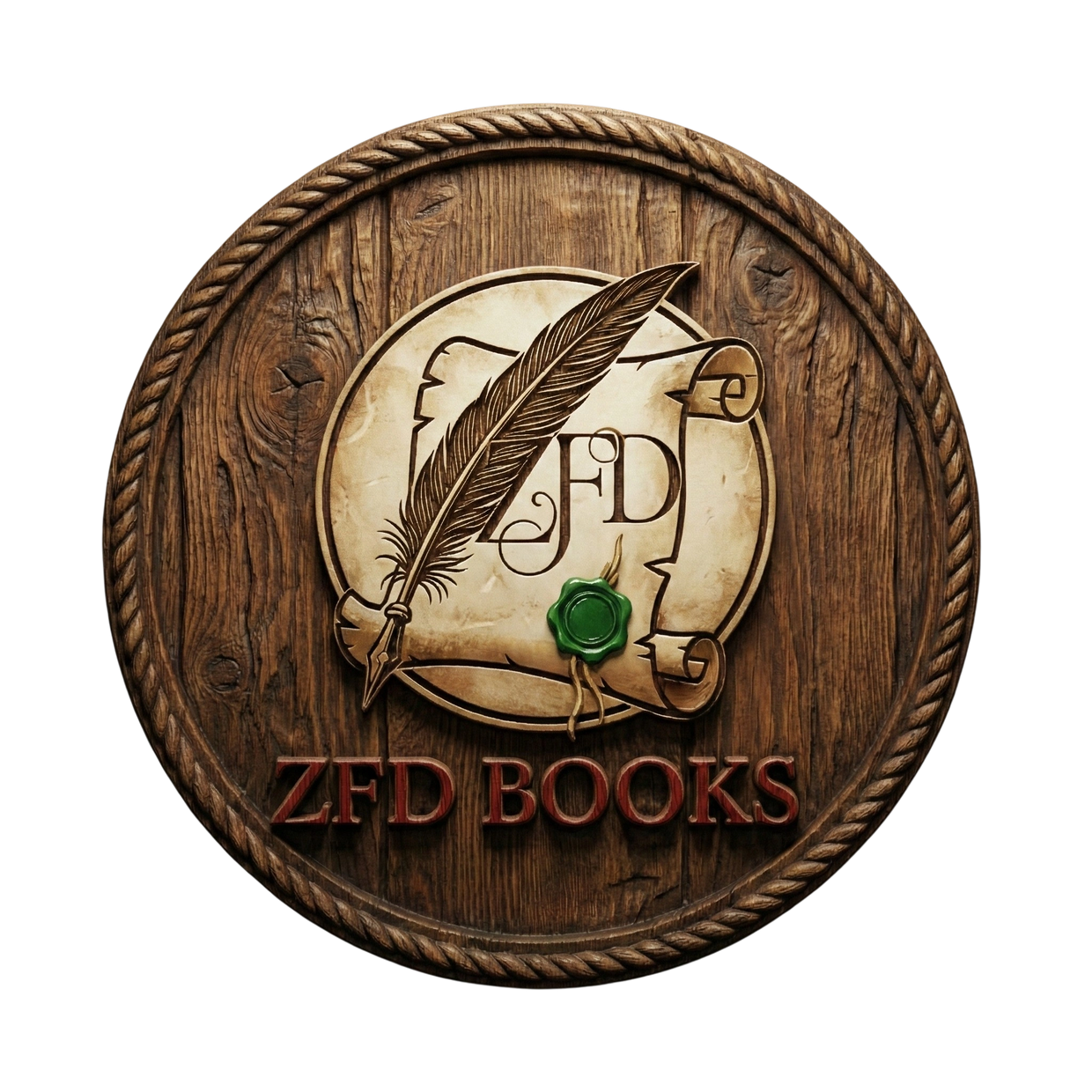 Wooden logo with a quill and scroll for ZFD Books.