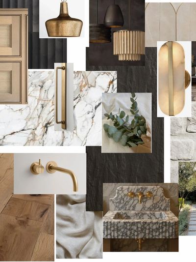 Modern organic, mood board, interior design, white oak, gold hardware, stone, black tile, marble, qu