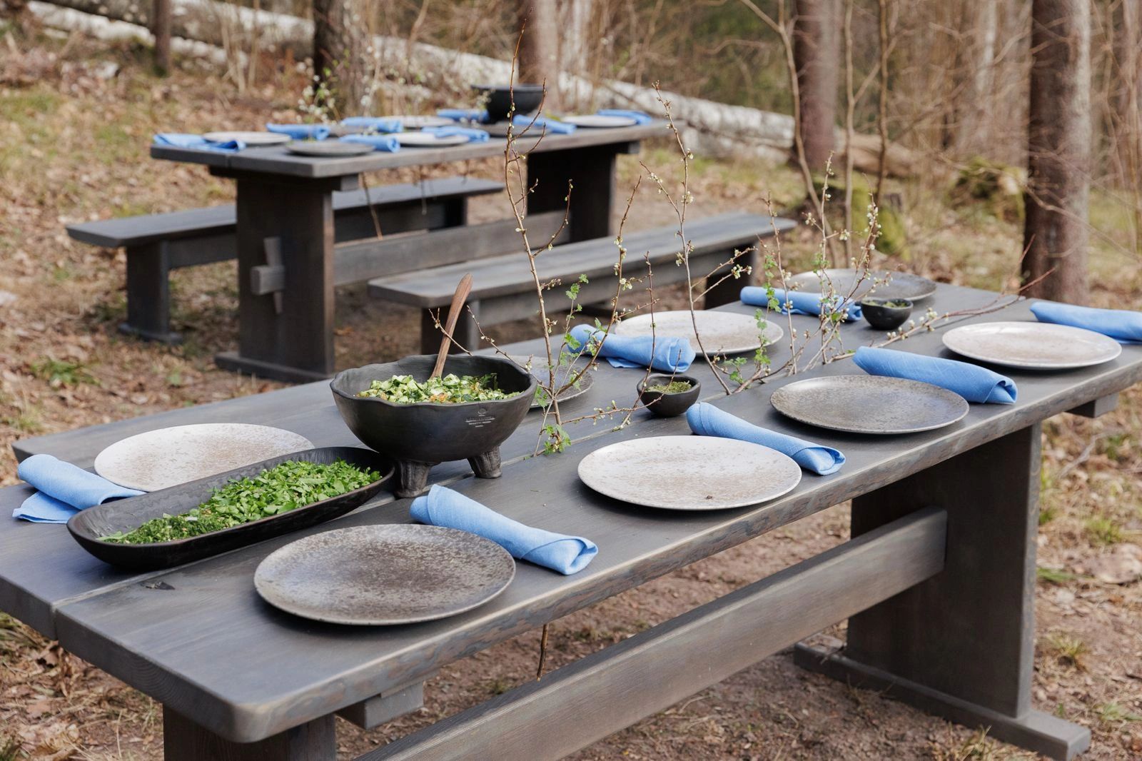 Outdoor dining tables set with plates, blue napkins, and bowls of greens in a natural forest setting.