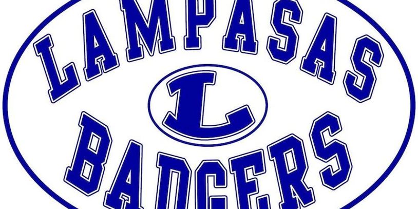 Blue and white Lampasas Badgers logo with bold letters.