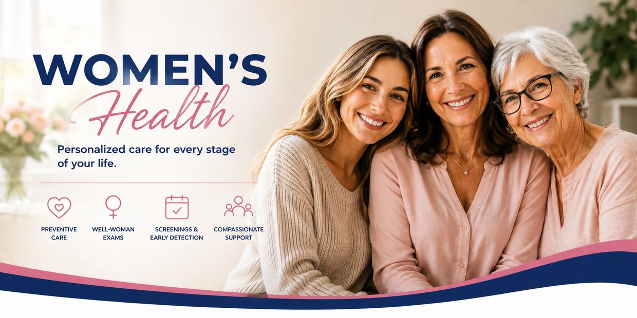 Women smiling, promoting women's health services.