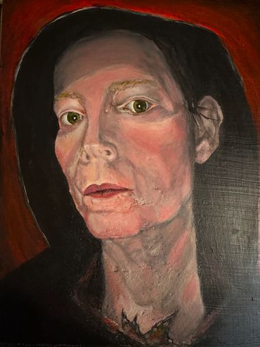 Close-up portrait painting of a woman with green eyes and dark hair.