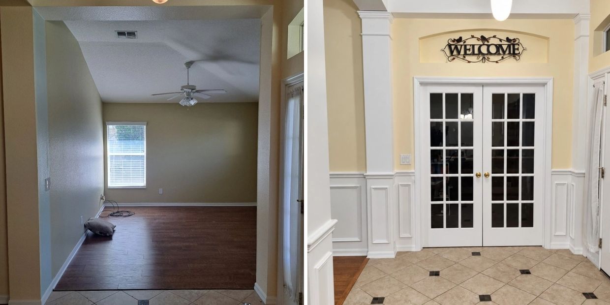 Before and after trim and crown molding installation with decorative wall molding.