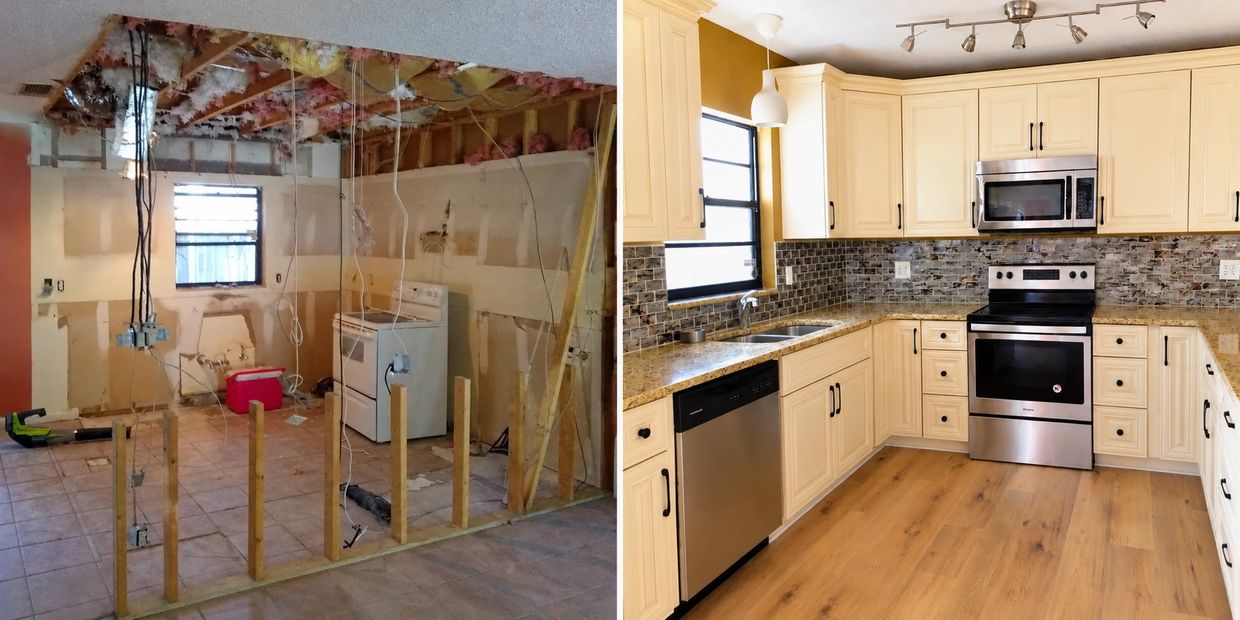 Before and after kitchen remodeling and cabinet installation by 3E Homes in Kissimmee, FL.