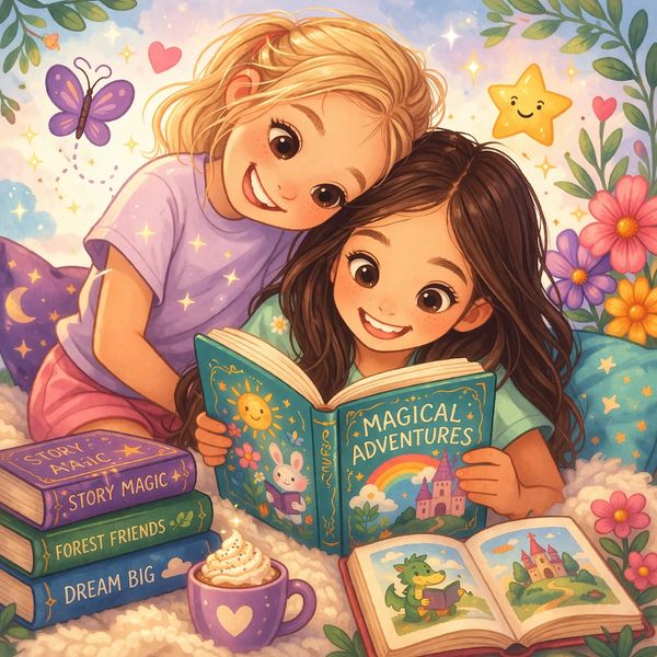 Two girls joyfully read a magical storybook surrounded by colorful books and cozy decorations.