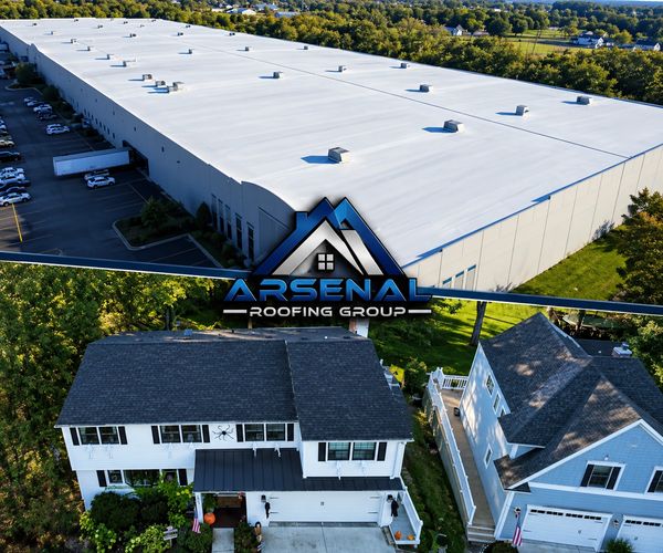 Aerial view of large commercial and residential roofs with Arsenal Roofing Group logo.