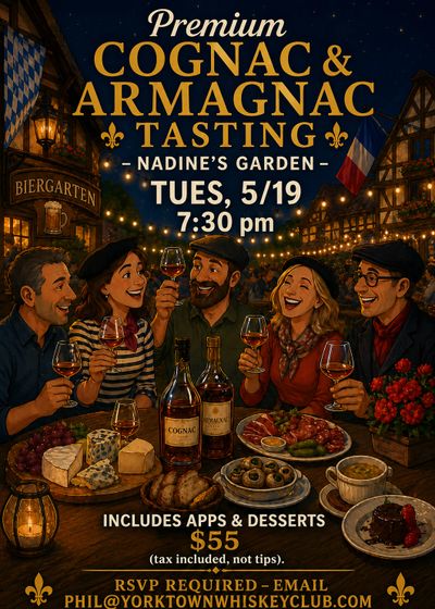 People enjoying a premium cognac and armagnac tasting event with food and drinks.