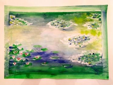 Inspired by Claude Monet. Pink, white and yellow waterlily in the pond with depth and shadows.     