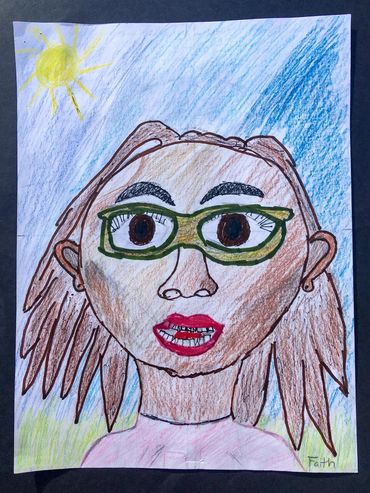 At this lesson child work with mirror and shadow to paint self portrait with guidance.  