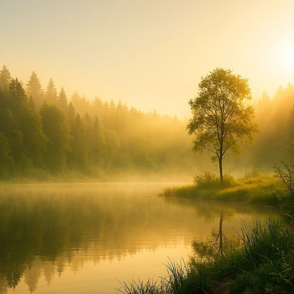 A serene misty lake at sunrise with a solitary tree reflecting on the water.