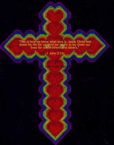 inversed colorful Cross of hearts with scripture on black