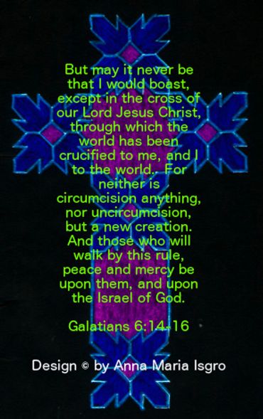 inversed yellow & green flower cross with scriptures on black turned blue & violet