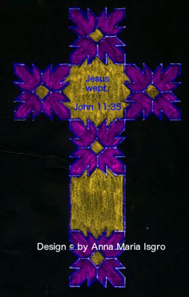 inversed green & blue flower cross with Scripture turned violet & yellow on black