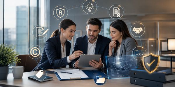 Three professionals discussing data on a tablet with digital security icons around them.