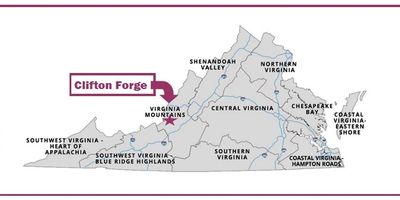 Map highlighting Clifton Forge in Virginia's mountainous region.