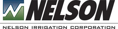 Nelson brand, nelson irrigation corporation, large italicized block lettering, white background, Nelson logo