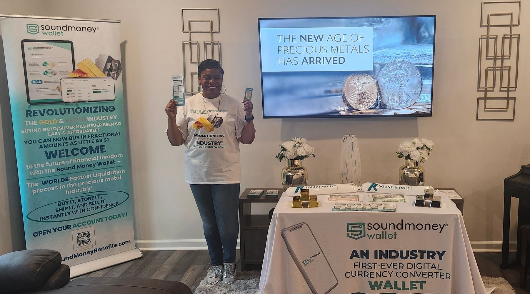 A woman promoting Sound Money Wallet's digital currency converter for precious metals.