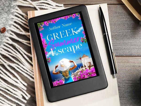 Book covers for publishers featuring an ereader with a contemporary romance cover set in Greece