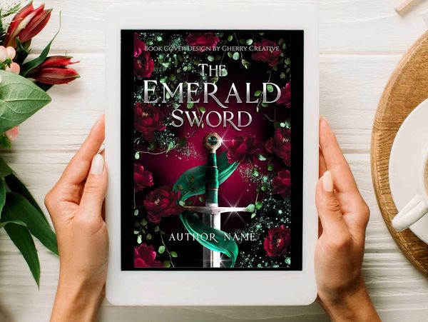 Book cover design for authors showing a tablet with a romantic fantasy novel cover design