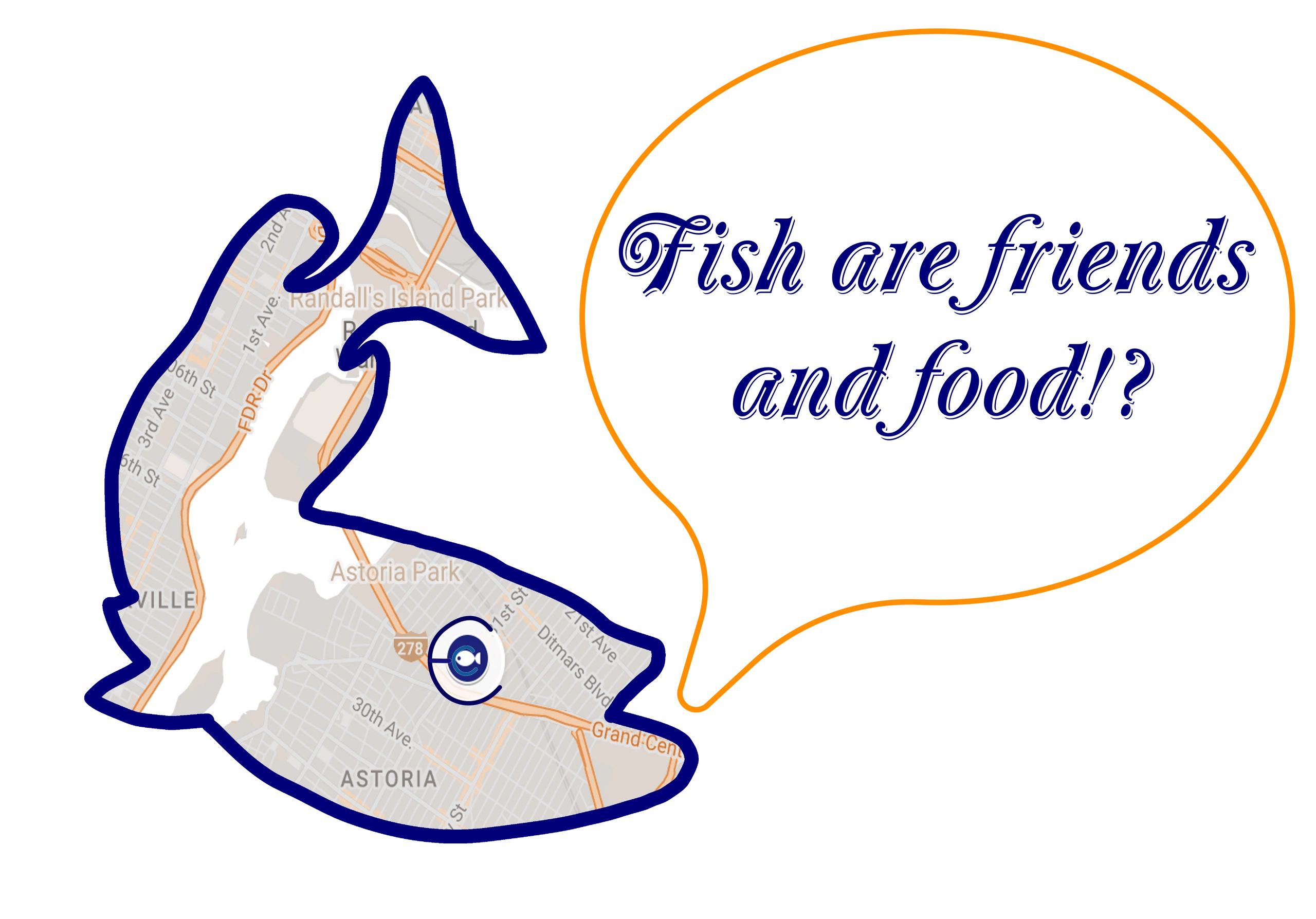 Illustrated fish with speech bubble: "Fish are friends and food!?"