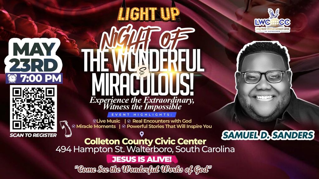 Event poster for 'Light Up Night of the Wonderful Miraculous' featuring Samuel D. Sanders on May 23rd at 7 PM.
