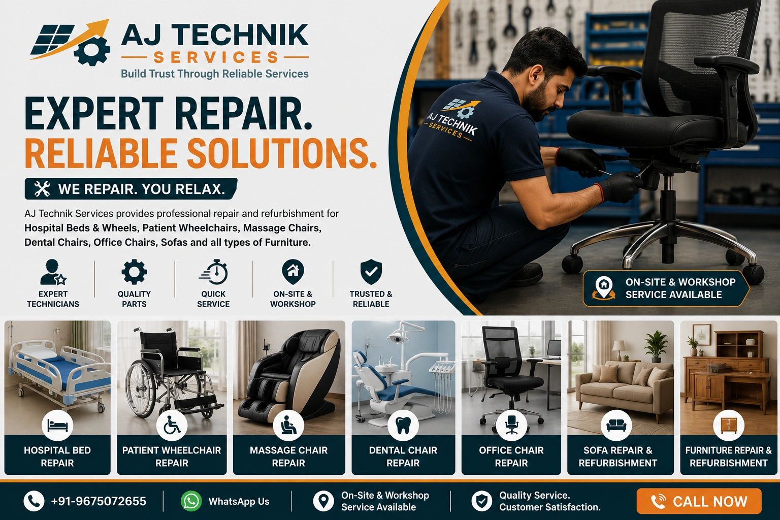 Professional repair services for hospital beds, wheelchairs, massage chairs, dental chairs, office c