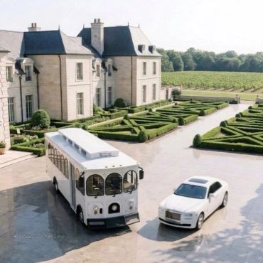 A luxury white car and trolley parked by a grand estate with manicured gardens.