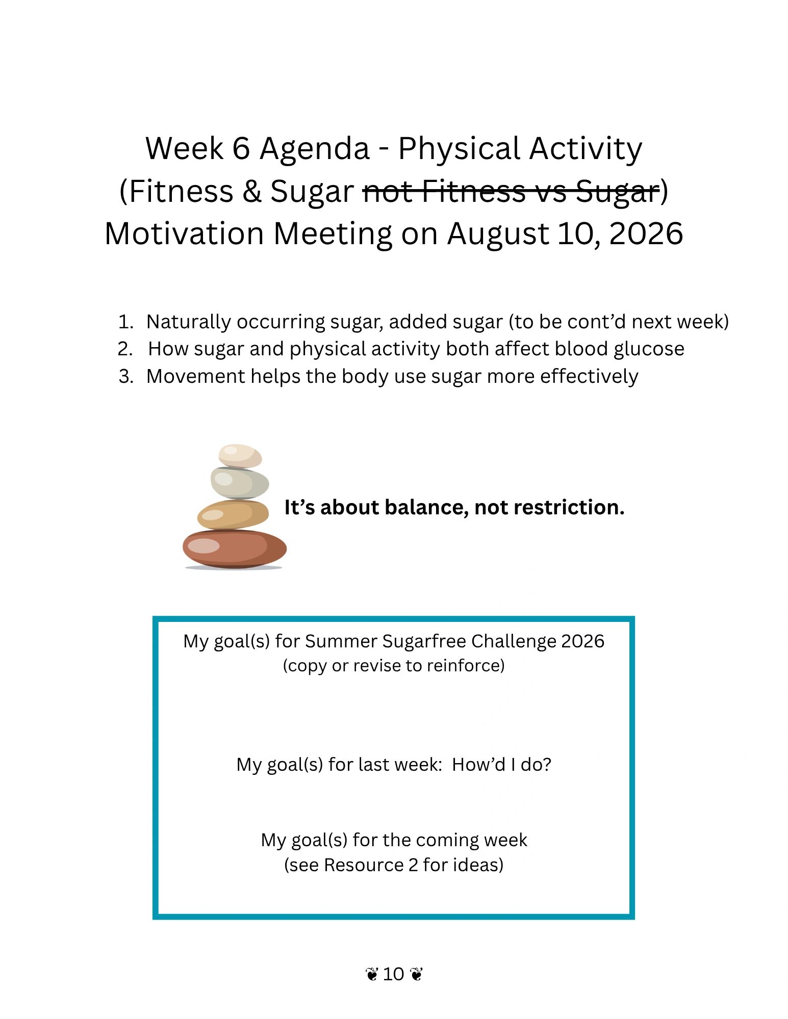 Week 6 agenda on physical activity and sugar with goal setting for Summer Sugarfree Challenge 2026.