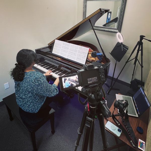 Piano student recording music videos at Synergy Music Academy