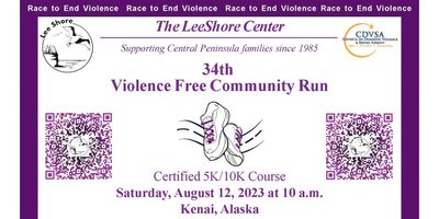 Poster for the 34th Violence Free Community Run with sneakers logo and registration information.