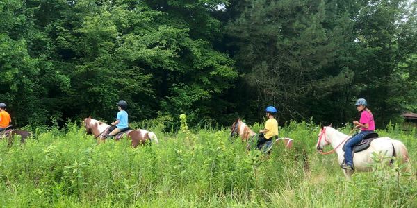 People riding horses outdoors.